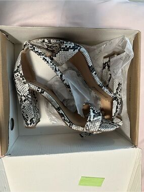 Black & White Snake Print Block Heel Sandals